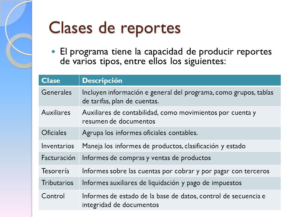 Clases de reportes El programa tiene la capacidad de producir reportes de varios tipos, entre ellos los siguientes: