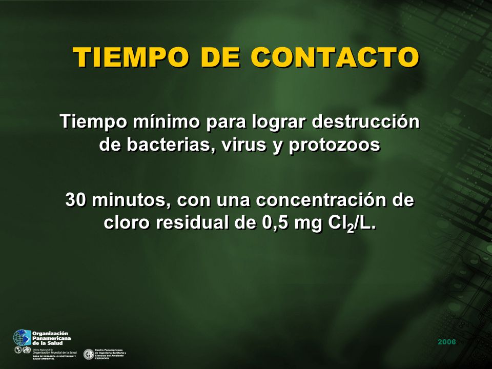 TIEMPO DE CONTACTO Tiempo mínimo para lograr destrucción de bacterias, virus y protozoos.