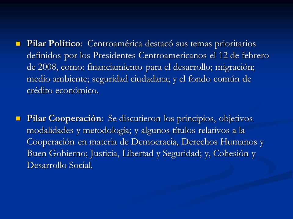 Pilar Político: Centroamérica destacó sus temas prioritarios definidos por los Presidentes Centroamericanos el 12 de febrero de 2008, como: financiamiento para el desarrollo; migración; medio ambiente; seguridad ciudadana; y el fondo común de crédito económico.