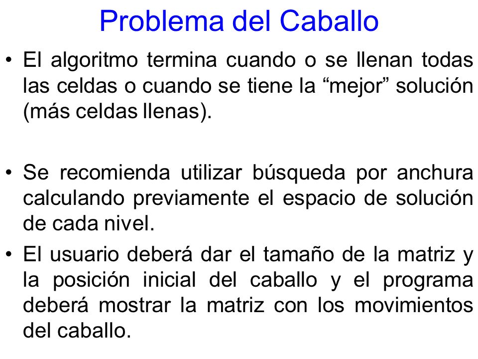 Problema del Caballo El algoritmo termina cuando o se llenan todas las celdas o cuando se tiene la mejor solución (más celdas llenas).