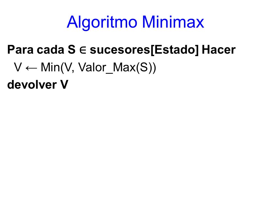 Algoritmo Minimax Para cada S ∈ sucesores[Estado] Hacer