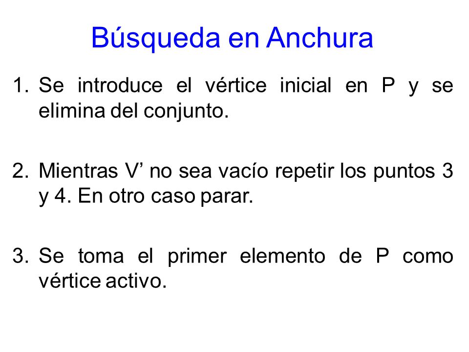 Búsqueda en Anchura Se introduce el vértice inicial en P y se elimina del conjunto.