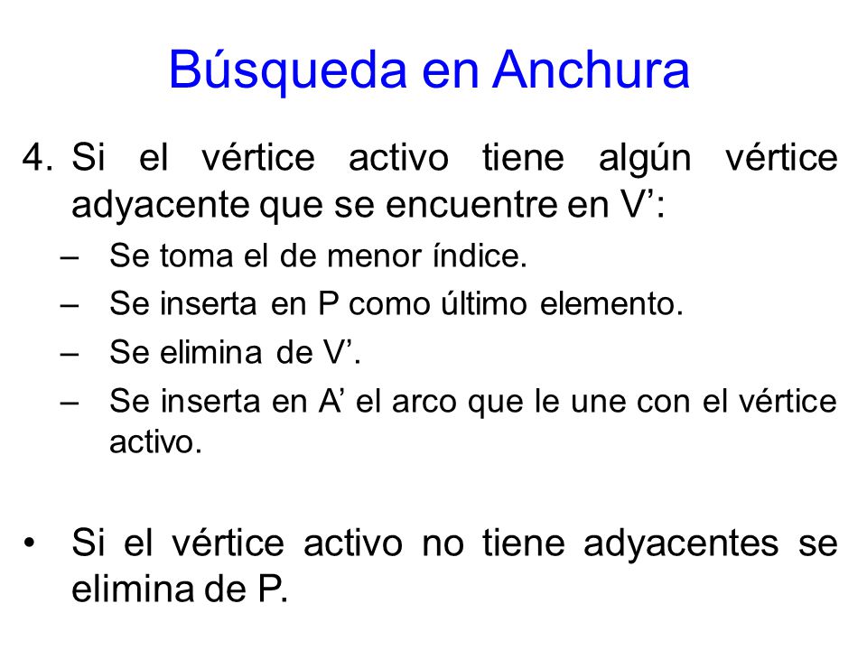 Búsqueda en Anchura Si el vértice activo tiene algún vértice adyacente que se encuentre en V’: Se toma el de menor índice.
