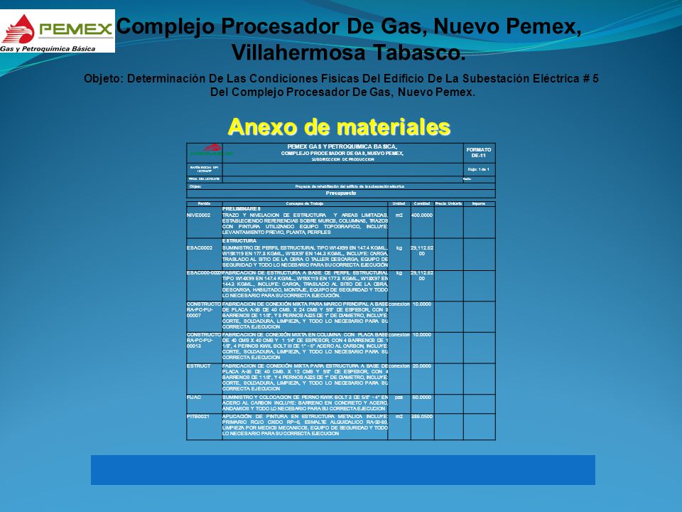 Anexo de materiales Complejo Procesador De Gas, Nuevo Pemex,