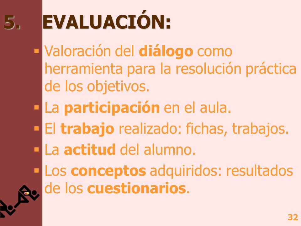 5. EVALUACIÓN: Valoración del diálogo como herramienta para la resolución práctica de los objetivos.