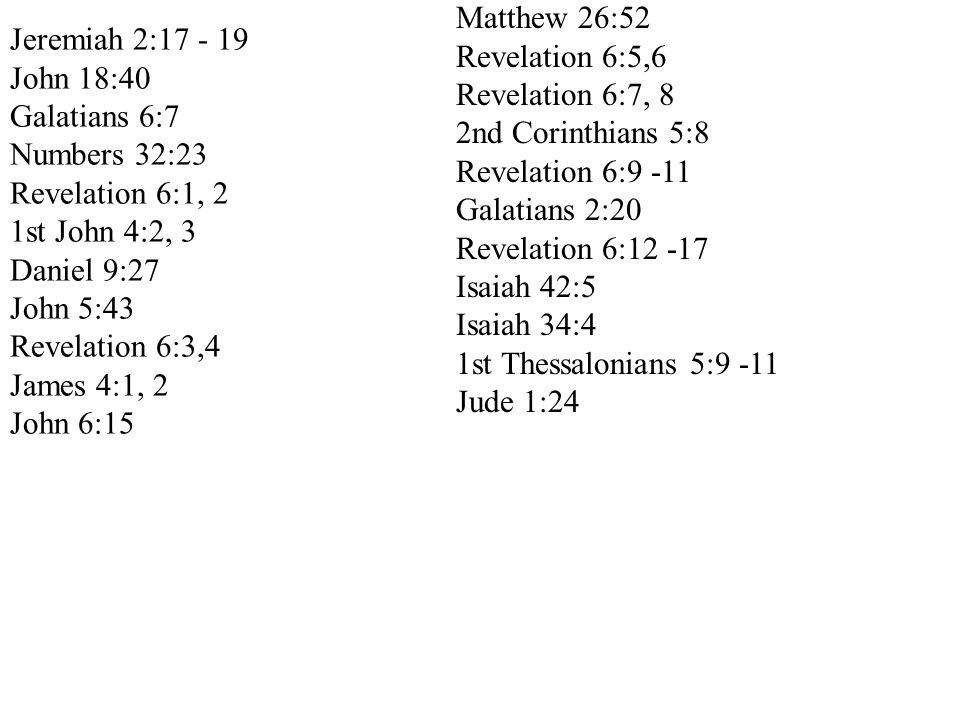 Matthew 26:52 Revelation 6:5,6. Revelation 6:7, 8. 2nd Corinthians 5:8. Revelation 6: Galatians 2:20.