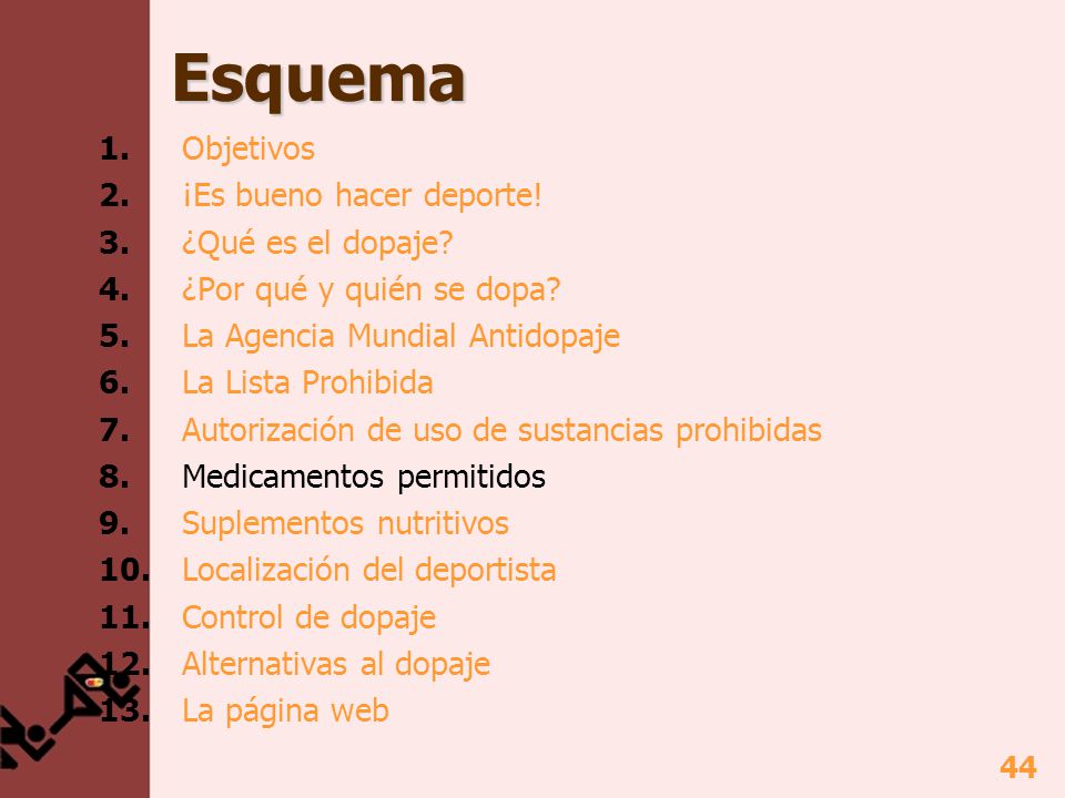 Esquema 1. Objetivos 2. ¡Es bueno hacer deporte! 3. ¿Qué es el dopaje