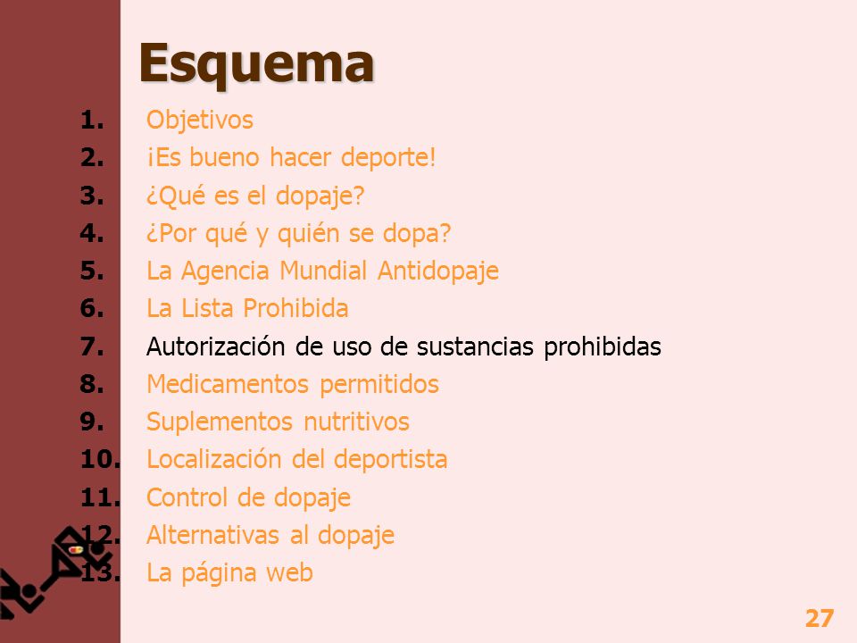 Esquema 1. Objetivos 2. ¡Es bueno hacer deporte! 3. ¿Qué es el dopaje
