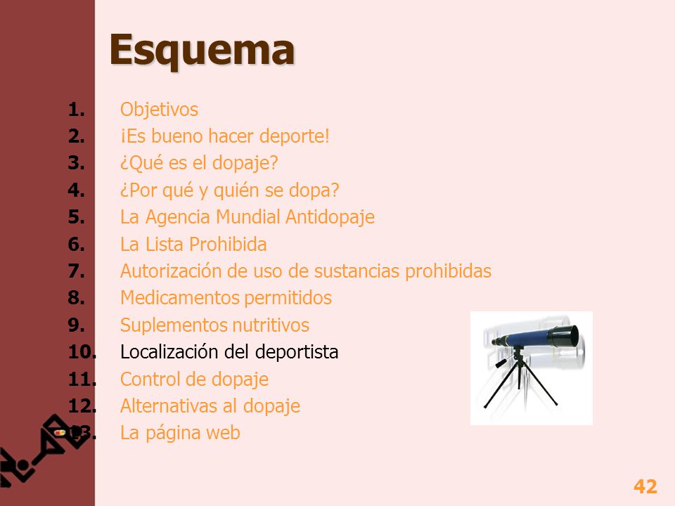 Esquema 1. Objetivos 2. ¡Es bueno hacer deporte! 3. ¿Qué es el dopaje