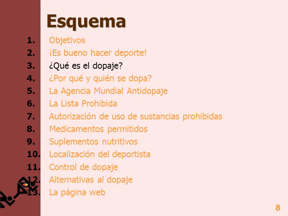 Esquema 1. Objetivos 2. ¡Es bueno hacer deporte! 3. ¿Qué es el dopaje