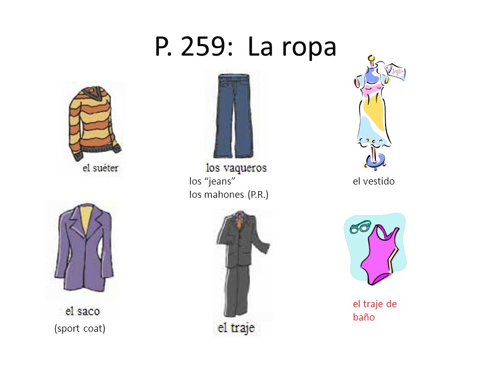 P. 259: La ropa los jeans los mahones (P.R.) el vestido