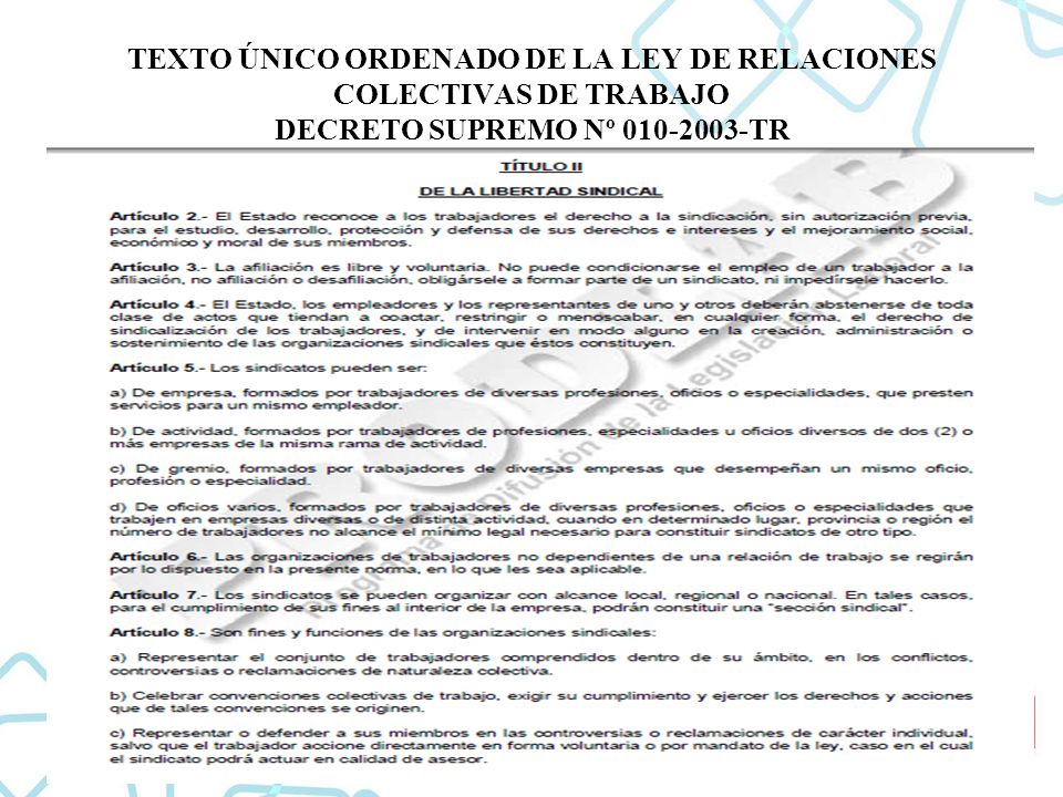 TEXTO ÚNICO ORDENADO DE LA LEY DE RELACIONES COLECTIVAS DE TRABAJO DECRETO SUPREMO Nº TR