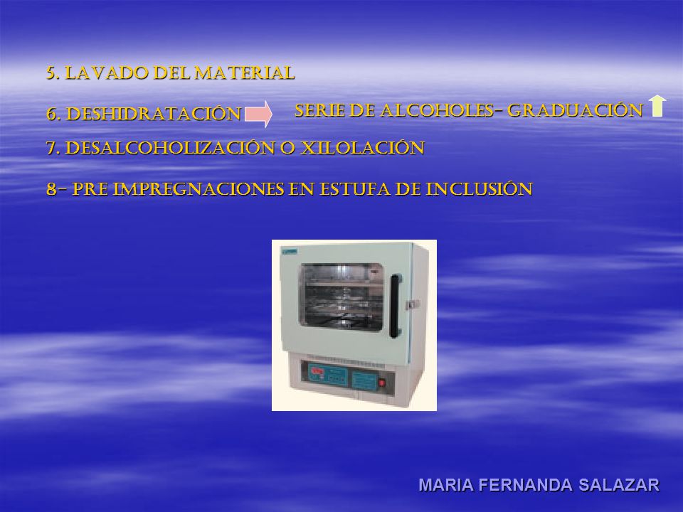 5. LAVADO DEL MATERIAL 6. DESHIDRATACIÓN. SERIE DE ALCOHOLES- GRADUACIÓN. 7. DESALCOHOLIZACIÓN O XILOLACIÓN.