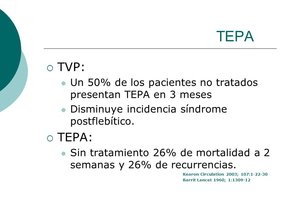 TEPA TVP: Un 50% de los pacientes no tratados presentan TEPA en 3 meses. Disminuye incidencia síndrome postflebítico.