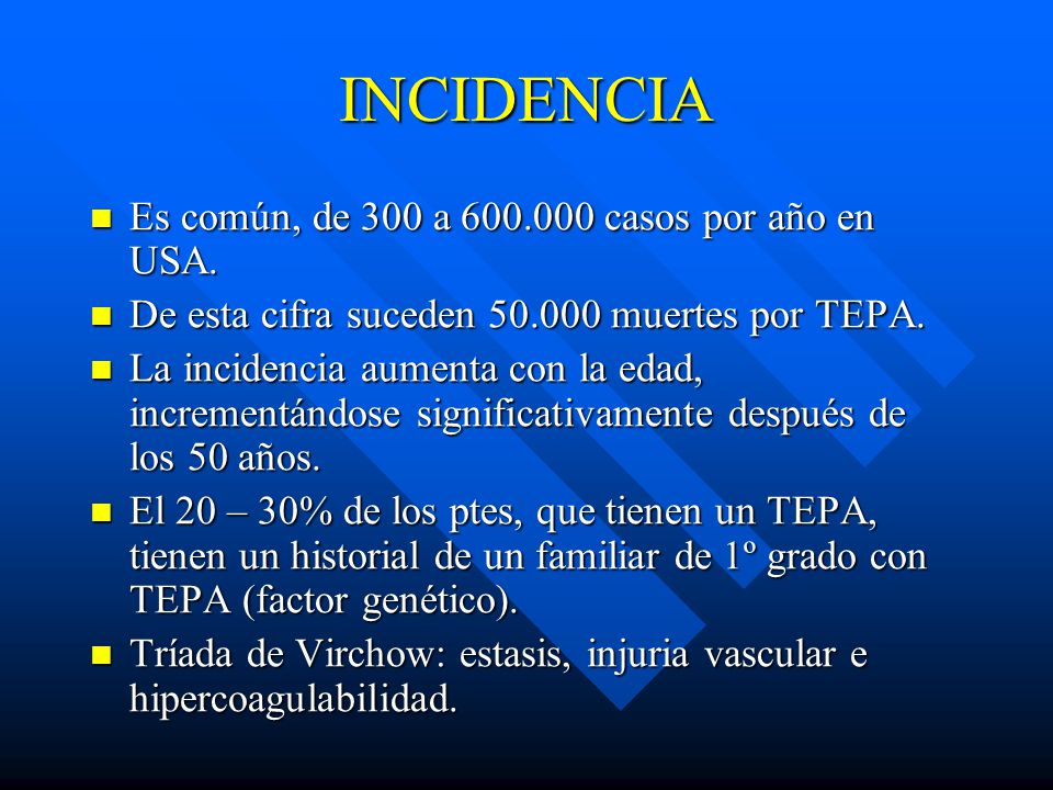 INCIDENCIA Es común, de 300 a casos por año en USA.