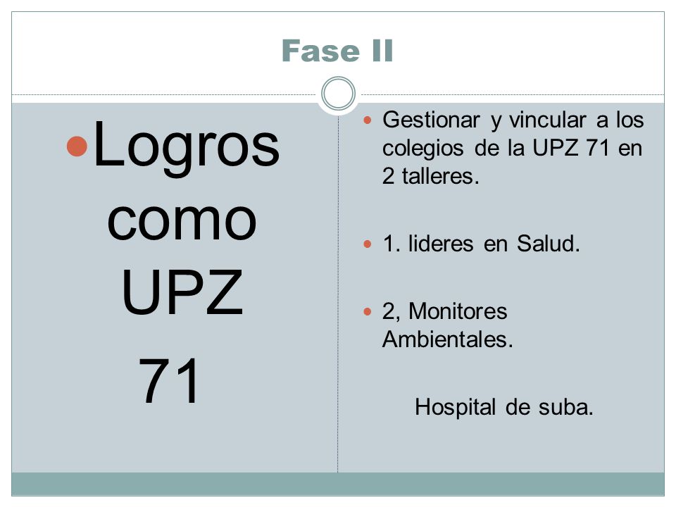 Fase II Logros como UPZ. 71. Gestionar y vincular a los colegios de la UPZ 71 en 2 talleres. 1. lideres en Salud.