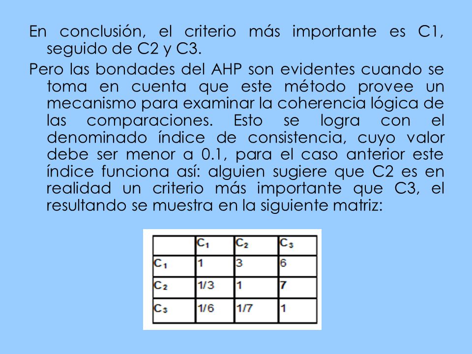 En conclusión, el criterio más importante es C1, seguido de C2 y C3.