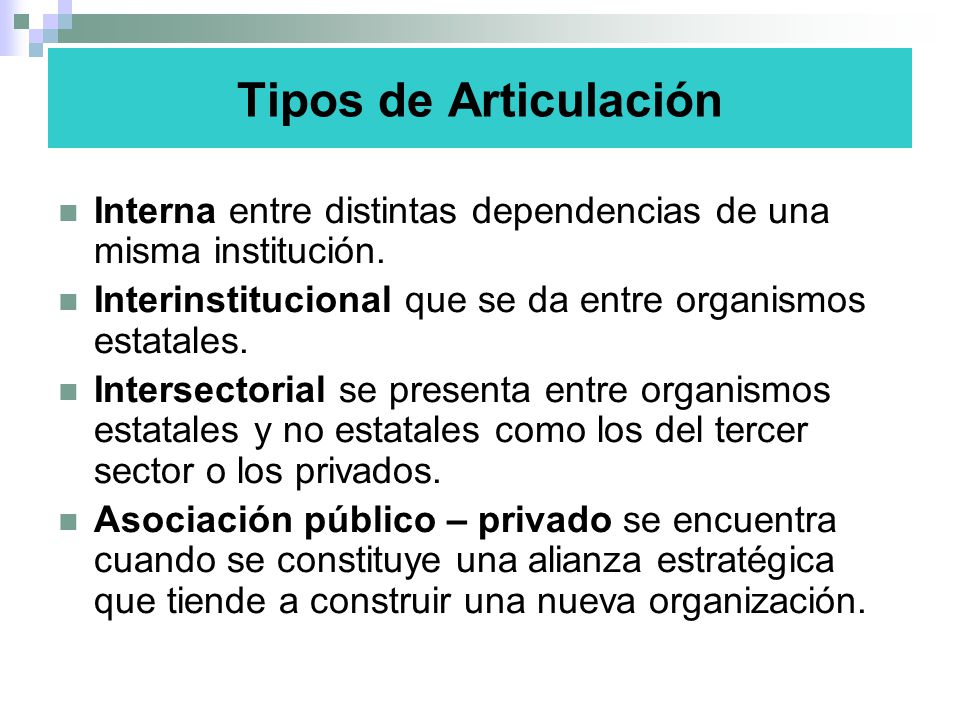 Tipos de Articulación Interna entre distintas dependencias de una misma institución. Interinstitucional que se da entre organismos estatales.