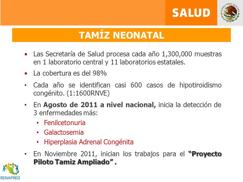 TAMÍZ NEONATAL Las Secretaría de Salud procesa cada año 1,300,000 muestras en 1 laboratorio central y 11 laboratorios estatales.