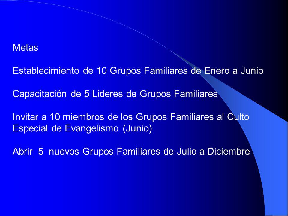 Metas Establecimiento de 10 Grupos Familiares de Enero a Junio. Capacitación de 5 Lideres de Grupos Familiares.