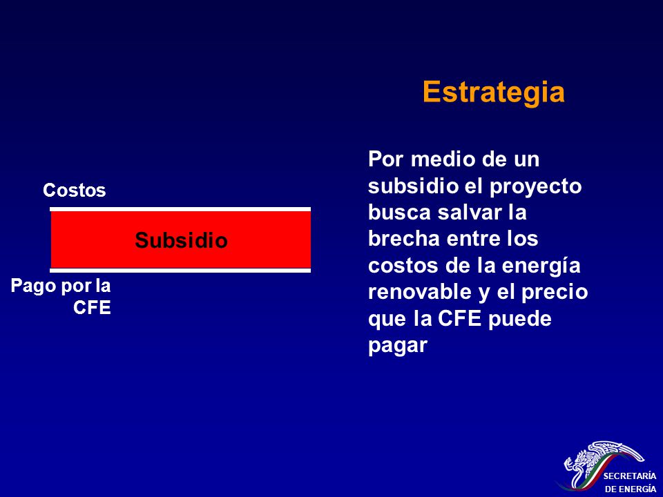 Estrategia Por medio de un subsidio el proyecto busca salvar la brecha entre los costos de la energía renovable y el precio que la CFE puede pagar.
