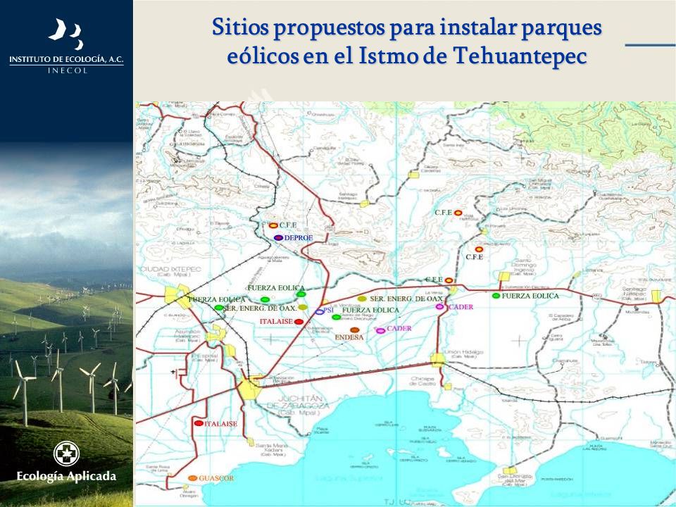 Sitios propuestos para instalar parques eólicos en el Istmo de Tehuantepec
