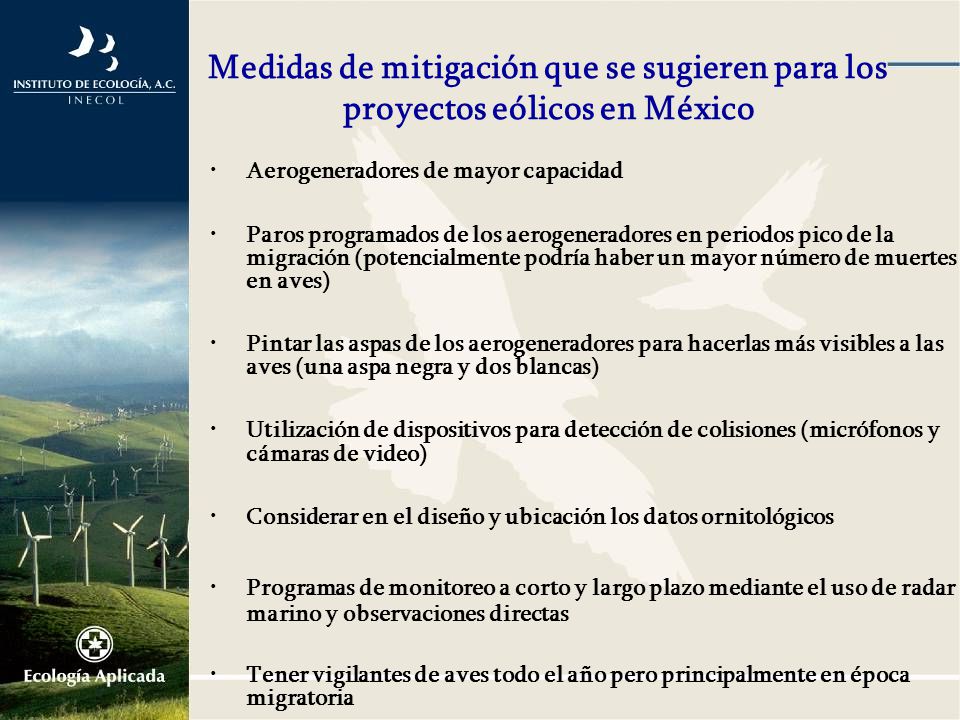 Medidas de mitigación que se sugieren para los proyectos eólicos en México