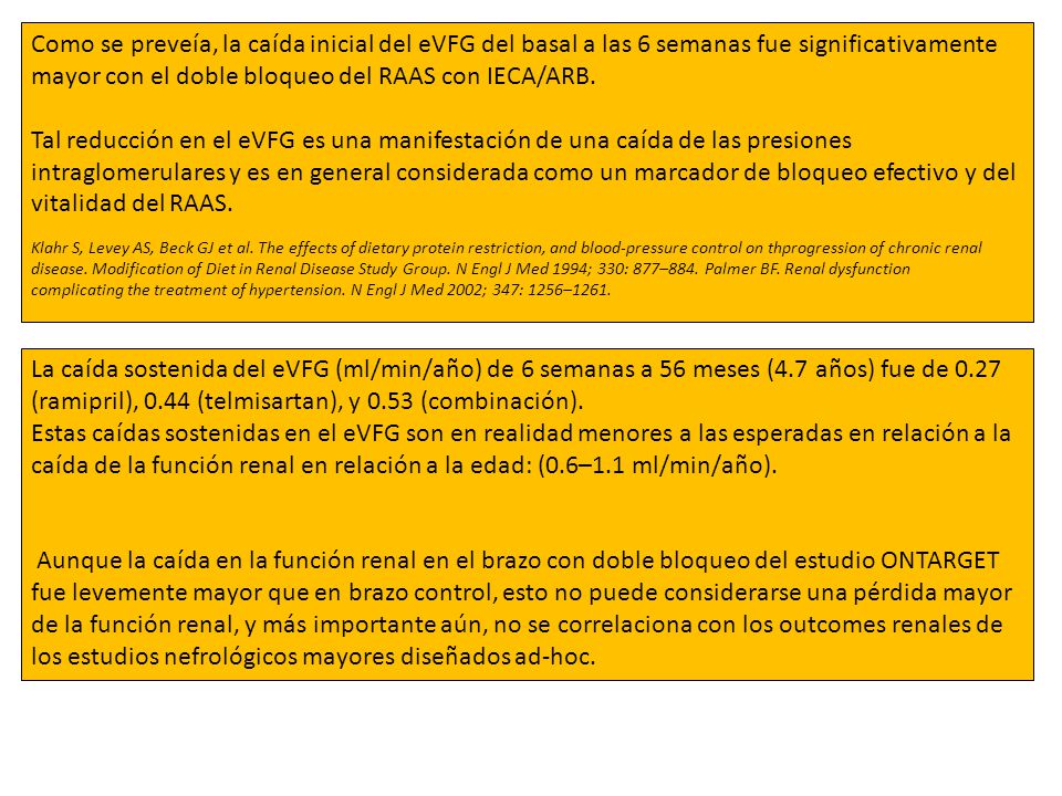 Como se preveía, la caída inicial del eVFG del basal a las 6 semanas fue significativamente mayor con el doble bloqueo del RAAS con IECA/ARB.