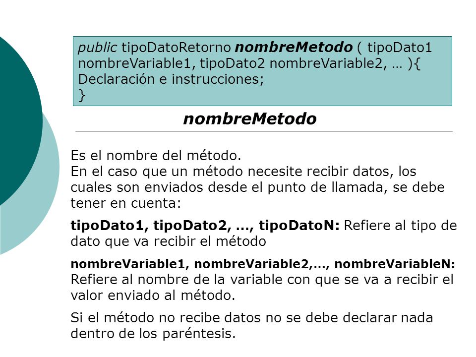 public tipoDatoRetorno nombreMetodo ( tipoDato1 nombreVariable1, tipoDato2 nombreVariable2, … ){