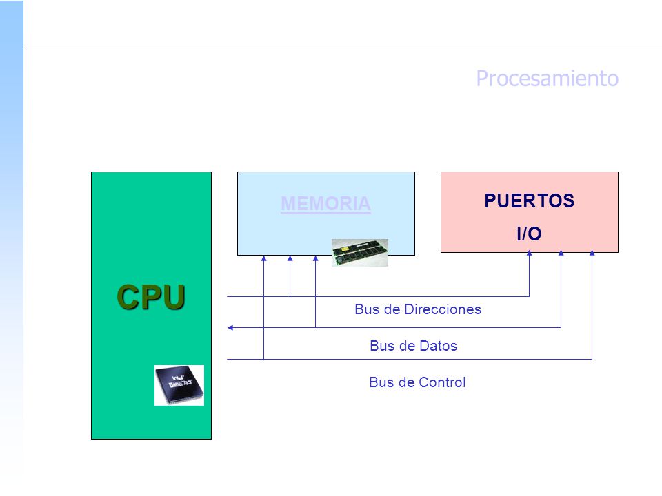 CPU Procesamiento MEMORIA PUERTOS I/O Bus de Direcciones Bus de Datos
