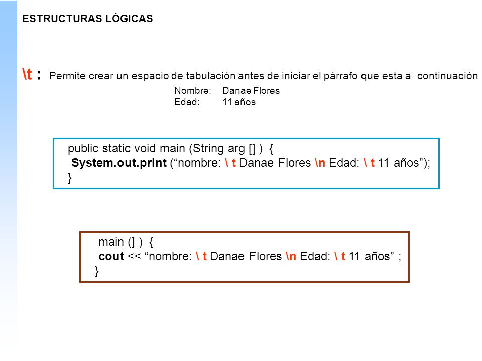 ESTRUCTURAS LÓGICAS \t : Permite crear un espacio de tabulación antes de iniciar el párrafo que esta a continuación.