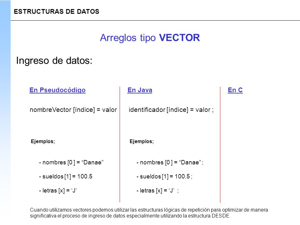 Arreglos tipo VECTOR Ingreso de datos: ESTRUCTURAS DE DATOS