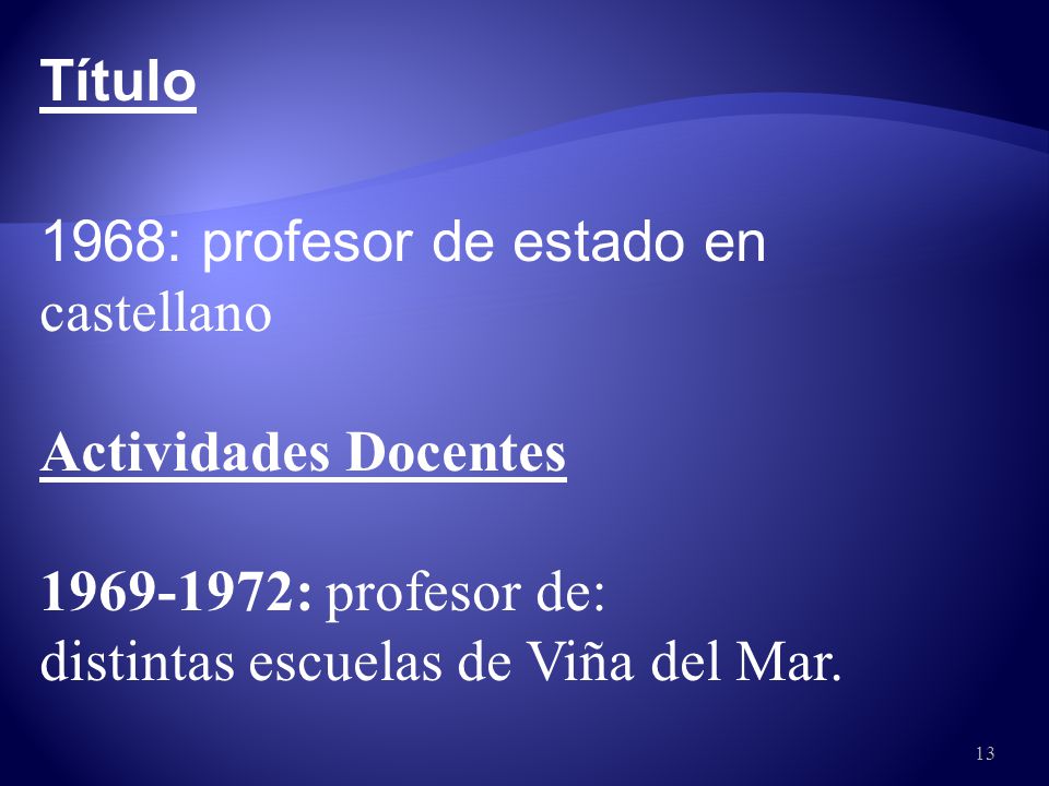 Título 1968: profesor de estado en castellano. Actividades Docentes.
