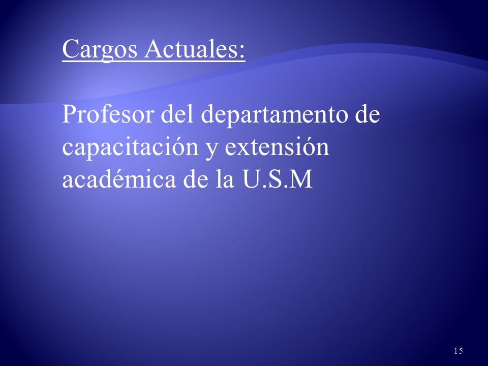 Cargos Actuales: Profesor del departamento de capacitación y extensión académica de la U.S.M