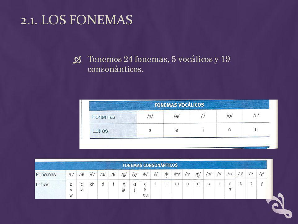 2.1. Los fonemas Tenemos 24 fonemas, 5 vocálicos y 19 consonánticos.