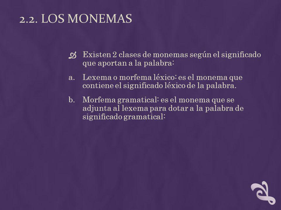2.2. Los monemas Existen 2 clases de monemas según el significado que aportan a la palabra: