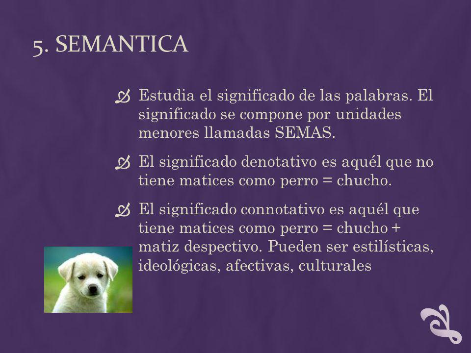 5. SEMANTICA Estudia el significado de las palabras. El significado se compone por unidades menores llamadas SEMAS.