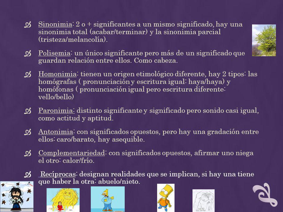 Sinonimia: 2 o + significantes a un mismo significado, hay una sinonimia total (acabar/terminar) y la sinonimia parcial (tristeza/melancolía).