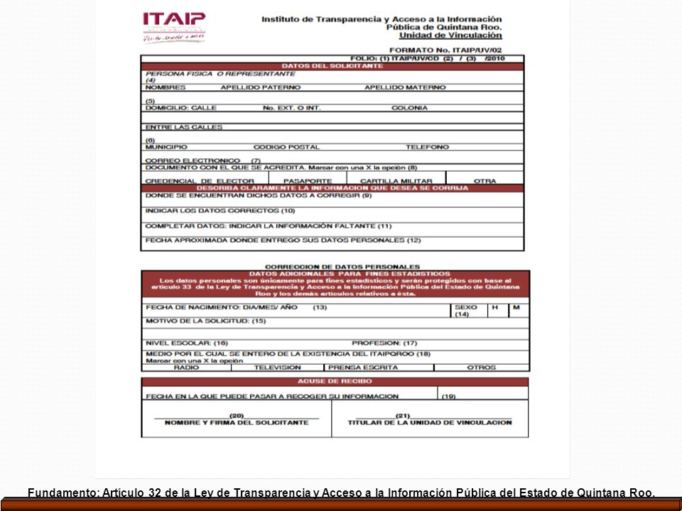 Fundamento: Artículo 32 de la Ley de Transparencia y Acceso a la Información Pública del Estado de Quintana Roo.