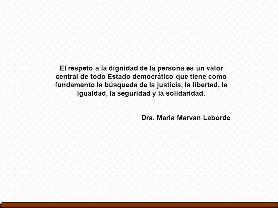 El respeto a la dignidad de la persona es un valor central de todo Estado democrático que tiene como fundamento la búsqueda de la justicia, la libertad, la igualdad, la seguridad y la solidaridad.