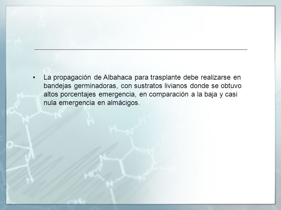La propagación de Albahaca para trasplante debe realizarse en bandejas germinadoras, con sustratos livianos donde se obtuvo altos porcentajes emergencia, en comparación a la baja y casi nula emergencia en almácigos.
