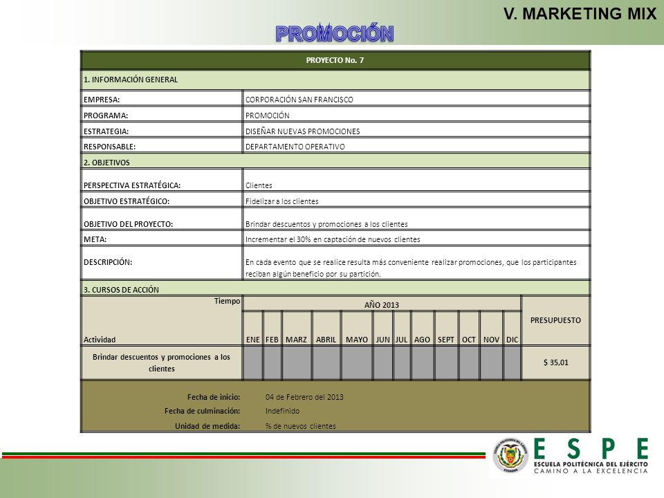 PROMOCIÓN V. MARKETING MIX PROYECTO No INFORMACIÓN GENERAL