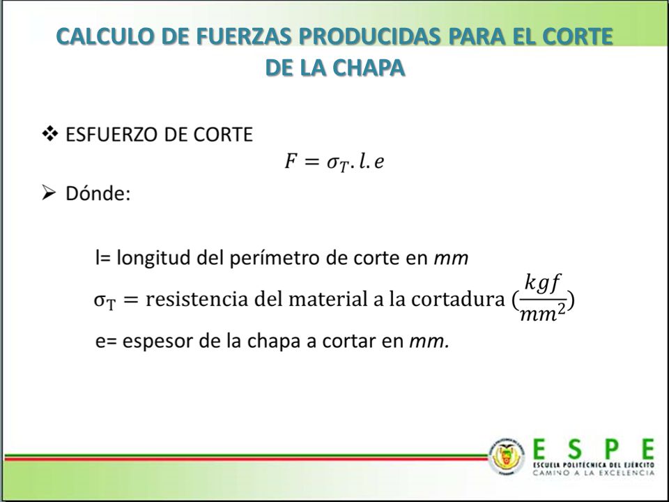 CALCULO DE FUERZAS PRODUCIDAS PARA EL CORTE DE LA CHAPA