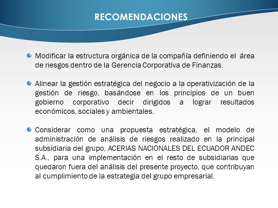 RECOMENDACIONES Modificar la estructura orgánica de la compañía definiendo el área de riesgos dentro de la Gerencia Corporativa de Finanzas.