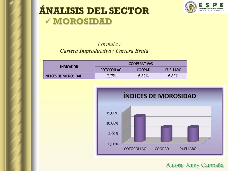 Autora: Jenny Campaña ÁNALISIS DEL SECTOR MOROSIDAD Fórmula :