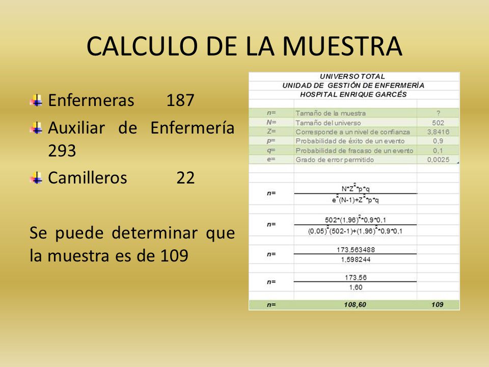 CALCULO DE LA MUESTRA Enfermeras 187 Auxiliar de Enfermería 293