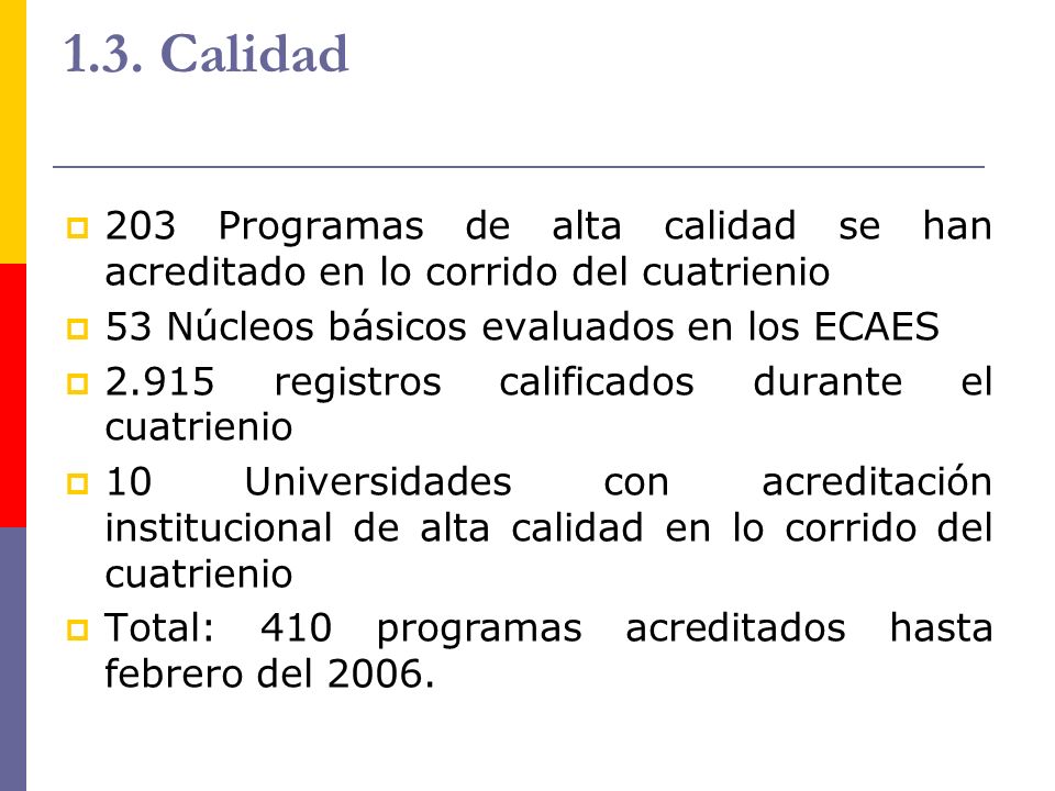 1.3. Calidad 203 Programas de alta calidad se han acreditado en lo corrido del cuatrienio. 53 Núcleos básicos evaluados en los ECAES.