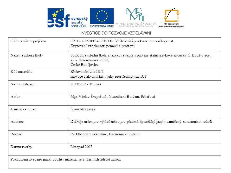 Číslo a název projektu CZ.1.07/1.5.00/ OP: Vzdělávání pro konkurenceschopnost. Zvyšování vzdělanosti pomocí e-prostoru.