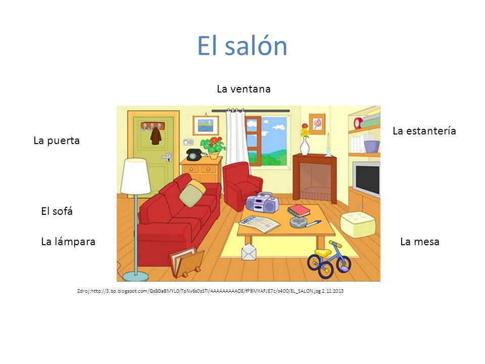 El salón La ventana La estantería La puerta El sofá La lámpara La mesa