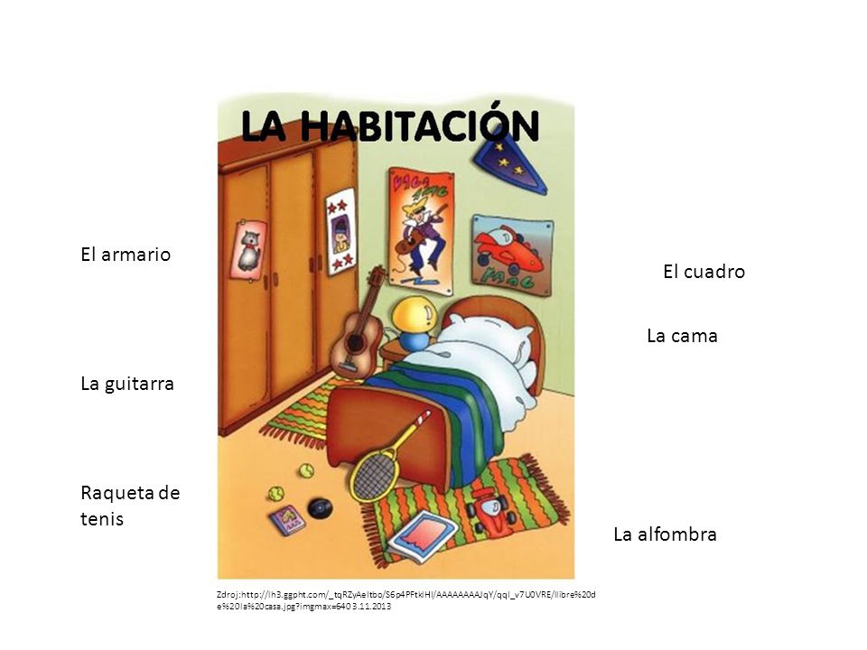 El armario El cuadro La cama La guitarra Raqueta de tenis La alfombra